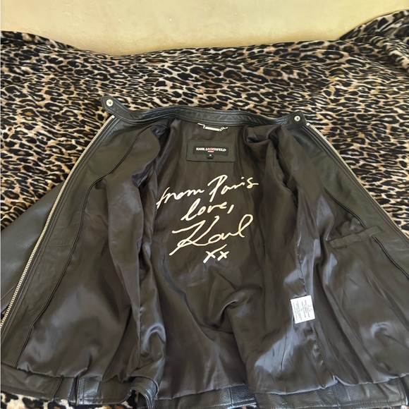 Karl Lagerfeld Black Leather Jacket with Signature Lining - Picture 4 of 9